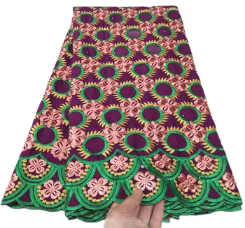 Швейцарская вуалевая кружевная ткань из Швейцарии, африканская кружевная ткань, 100% хлопок, материал для шитья для свадебной вечеринки, фиолетовый и зеленый