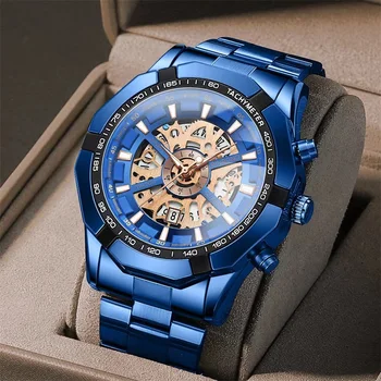 2023 Binbond Мужские часы Лучший бренд Класса Люкс Из нержавеющей Стали Водонепроницаемые Выдалбливают Синие Большие Мужские наручные часы Relogio Masculino