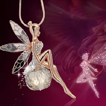 Винтажное ожерелье с подвеской в виде феи-бабочки, женское модное ожерелье-цепочка для свитера, Очаровательное Хрустальное ожерелье с крыльями Ангела, вечерние украшения