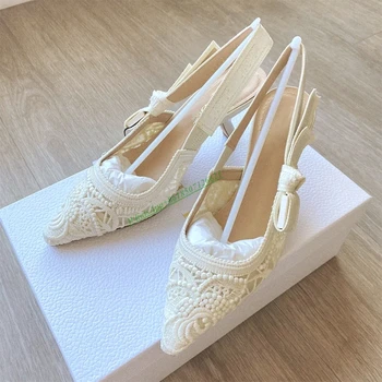 Летние Новые Свадебные туфли с кружевом, Сетчатые тонкие туфли на высоком каблуке 