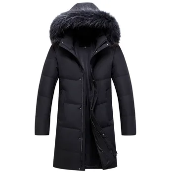 Брендовая зимняя теплая пуховая куртка для мужчин с воротником из натурального меха, Длинная толстая куртка с капюшоном, Водонепроницаемая ветровка, пальто на 90% белом утином пуху, мужские парки