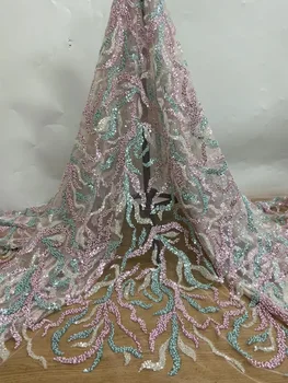 Кружевная ткань ручной работы в Нигерийском Стиле с французскими блестками, 2023, Вышитая люрексом, Африканская Кружевная ткань с сеткой из бисера Для женщин, для шитья
