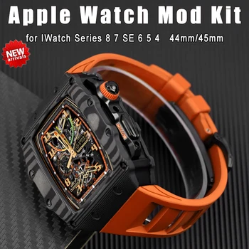 Роскошный Комплект Модификации из Углеродного волокна для Apple Watch Band 44 мм 45 мм Карбоновый Корпус Безель Фторопластовый Ремешок для Iwatch 9 8 7 6 SE 5