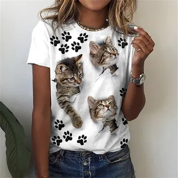 Белая футболка с милым котом, Женская Летняя повседневная уличная одежда 2023, Женские футболки с коротким рукавом, универсальный базовый пуловер с круглым вырезом, топы