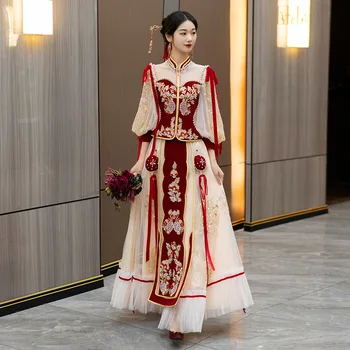 Китайская пара, свадебная одежда Чонсам, костюм, Свадебное платье с рукавами-фонариками, расшитое бисером