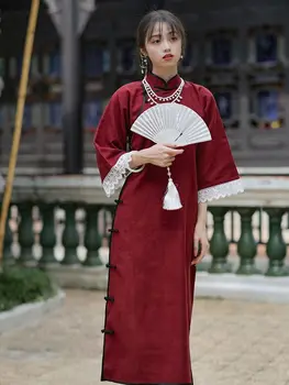 2023 новое китайское традиционное винтажное платье ципао, восточное платье чонсам, женское свободное кружевное винтажное платье ципао, красное платье чонсам