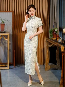 Yourqipao 2023 Летнее Длинное Тонкое Шелковое Платье Ципао Ципао в Китайском Стиле для Подиума, Элегантное, Достойное Банкета, Вечернее Платье в Китайском Стиле для Женщин