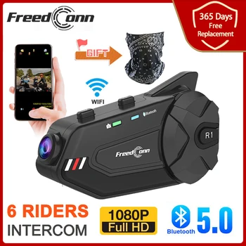 Freedconn R1 PLUS Bluetooth Мотоциклетный Шлем Гарнитура Групповой Домофон Водонепроницаемый 1080PWiFi Видеомагнитофон DVR 6 Всадников Bluetooth