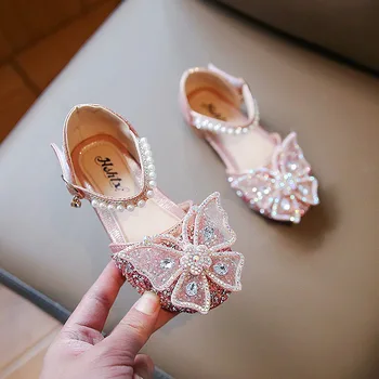 Весенне-осенняя обувь для девочек, Полусапожки, Сандалии Принцессы с жемчужным ремешком, Танцевальная обувь со стразами для детской свадьбы с бантом