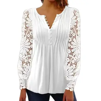 Женская блузка 22023, весенне-летняя новая женская кружевная рубашка с кружевным рукавом, плиссированная однотонная рубашка на пуговицах, рубашка с длинными рукавами