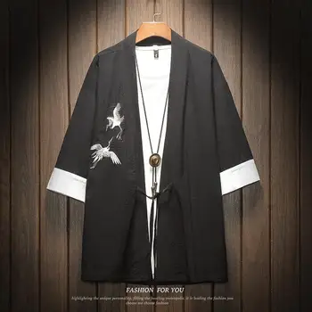 Мужская японская уличная рубашка-кимоно M-5XL с вышивкой китайского дракона, рубашки без воротника с рукавом 3/4, Samurai Champloo
