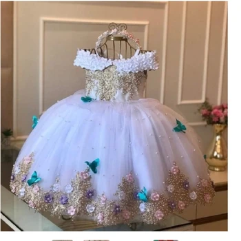 Платье с цветочным узором для девочек, детское платье с открытыми плечами, жемчуг, кружевные бабочки, платье для Первого дня рождения, платье принцессы для причастия