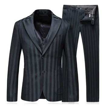 Высококачественный мужской костюм, модный джентльменский деловой повседневный комплект из 3 предметов, зеленый полосатый банкетный свадебный (блейзер + жилет + брюки)