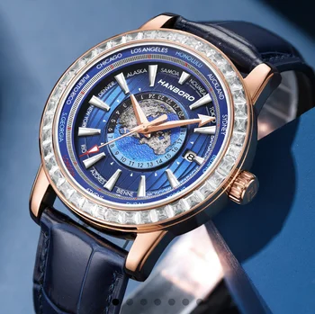 HANBORO Новый дизайн, мужские автоматические часы на 5 бар, лучший бренд класса Люкс, Светящийся деловой кожаный ремешок, водонепроницаемые механические наручные часы