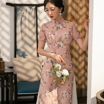 2023 Летнее Новое Розовое Платье Ao Dai Long Slim Cheongsam Daily Qipao в Традиционном китайском Стиле, Улучшенное Платье, Европейская Одежда для женщин