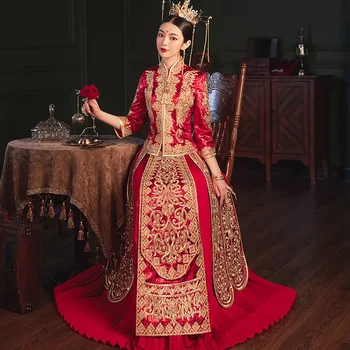 Ретро Изысканная Вышивка Стразами Cheongsam Китайский Свадебный Костюм Для Пары Элегантное Свадебное Платье Невесты китайская одежда