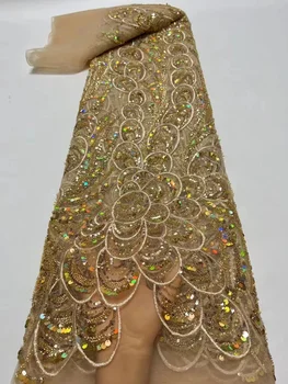 Французская кружевная ткань ручной работы из бисера 2023 Золотое Кружево Вышивка жемчужными блестками на тюлевой ткани для женского платья Сшить Свадебное платье из кружева
