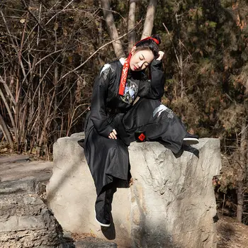 Весенний костюм Ханфу Династии Тан, Мужской и женский Костюм для Косплея с вышивкой для взрослых, черный Атласный костюм для выступлений на сцене