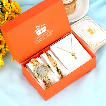 Роскошные золотые часы для женщин, ожерелье, Подарочный набор ювелирных изделий, коробка для дам, Кварцевые наручные часы со стразами, браслет Reloj De Mujer