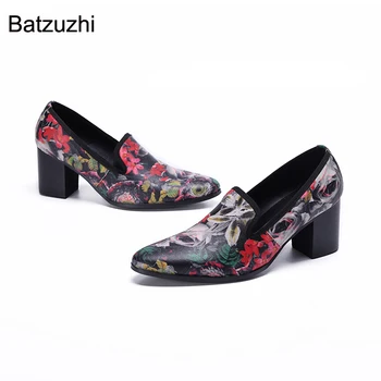 Batzuzhi/ Мужская обувь на высоком каблуке 7,5 см в Итальянском стиле, Мужская Кожаная обувь с острым носком и Цветочным Принтом, Модные Вечерние и свадебные туфли, мужские