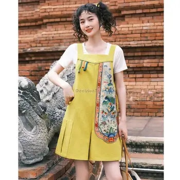 2023 новые летние китайские модные повседневные шорты без рукавов в национальном ретро-стиле с вышивкой, цельные для женщин