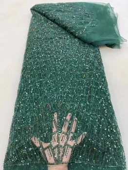 Зеленая Роскошная высококачественная кружевная ткань с африканской вышивкой для Жениха, кружевная ткань с нигерийскими блестками для свадебной вечеринки, 5 ярдов