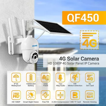 ESCAM QF450 Облачное хранилище 1080P, Аккумулятор для sim-карты 4G, PIR-сигнализация, купольная IP-камера с солнечной панелью, полноцветное ночное видение, двухстороннее