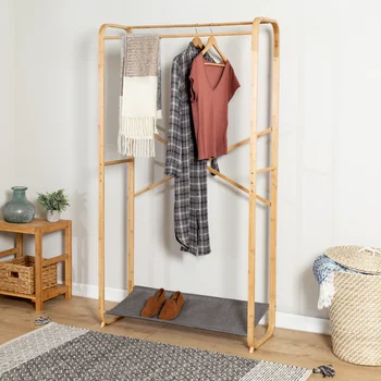 Вешалки для хранения одежды в шкафу, бамбук и ткань, серый