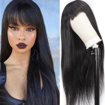 Бразильский Длинный Прямой парик с челкой, парик из человеческих волос 150% Плотности, машинный парик с челкой для чернокожих женщин
