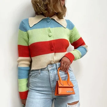 Ardm Модный Однобортный кардиган контрастного цвета, Укороченный топ с длинным рукавом, Вязаный свитер в стиле пэчворк, Зимняя одежда для женщин 2021