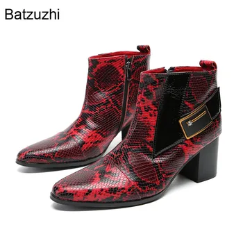 Batzuzhi / Роскошные Мужские ботинки ручной работы, цвет красного вина, Кожаные Ботильоны на высоком каблуке 7 см, Мужские для вечеринки и свадьбы, Большой Размер US6-12