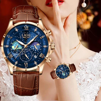Женские часы LIGE Модный Роскошный Кварцевый Кожаный ремешок Фаза Луны Водонепроницаемые Светящиеся Наручные часы Дата Деловые Повседневные Женские Часы