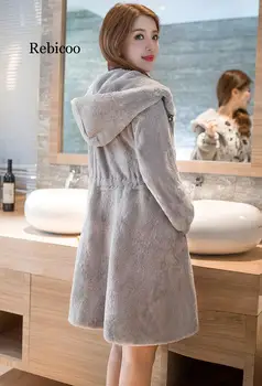 Длинное зимнее пальто с капюшоном, модная корейская имитация кроличьей шерсти, тонкое осеннее серое пальто, Верхняя одежда 3XL, тренч с большим мехом