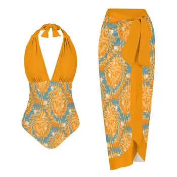 Сексуальная Пляжная одежда, Купальный костюм, Женский цельный купальник с оранжевым принтом, Купальный костюм для женщин, одежда Бикини