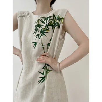 Женское платье-жилет с бамбуковым принтом в китайском стиле и улучшенной пряжкой Cheongsam