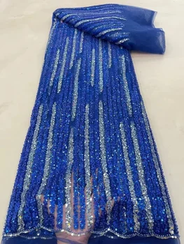 Королевская синяя Роскошная Африканская Кружевная ткань Sequence 2022 Новейшая Высококачественная Французская Тюлевая Кружевная вышивка бисером Для вечернего платья