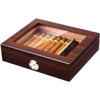 Хьюмидор ручной работы из Кедрового дерева, Настольная коробка для Хьюмидора с увлажнителем и гигрометром, Стеклянная крышка, Вмещает 30-35 сигар