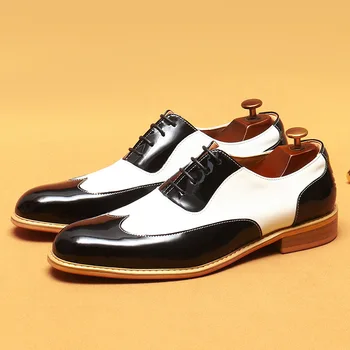 Итальянская мужская официальная обувь из лакированной кожи, черный, белый, смешанный цвет, Роскошная натуральная кожа, Модные Оксфорды для свадебной вечеринки, мужская обувь