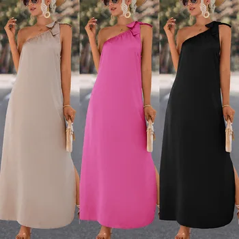 Модное сексуальное женское платье 2023, весенне-летнее сексуальное длинное платье без рукавов с косым плечевым ремнем, однотонное повседневное платье