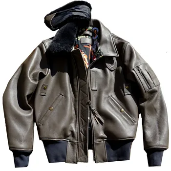 Мужская Летная куртка из натуральной кожи B15, Съемный воротник, Воловья кожа, Свободный крой, Толстая зимняя теплая одежда в стиле милитари, мотоцикл