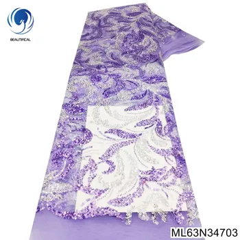Африканские Блестки и Бисер ручной работы, Кружевная Ткань Opular Фиолетового Цвета, Изысканное Сексуальное Тонкое Свадебное Платье, Швейная Одежда ML63N347