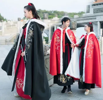 Плащ Ханфу для пар, китайская Древняя Традиционная Зимняя Толстая черная Бархатная накидка, пальто, Рождественский костюм для мужчин/женщин