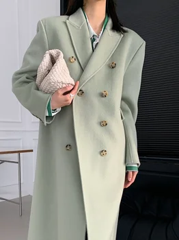 Высококачественное кашемировое пальто средней длины кубинского зеленого цвета, шерстяное пальто, корейская версия