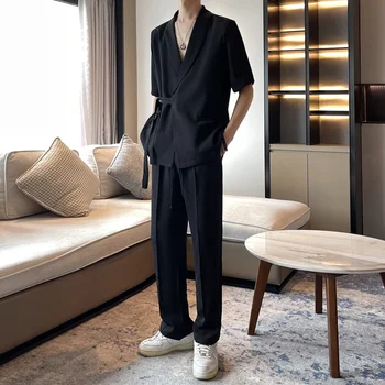 Летний черный костюм, мужской комплект одежды для модного общества, корейский свободный блейзер с коротким рукавом, брюки, комплект из двух предметов, мужской официальный костюм