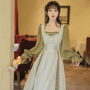 Женская одежда с ретро-талией, французское романтическое платье с длинными рукавами в дворцовом стиле 2023, Весна-осень, Юбка Принцессы для чаепития
