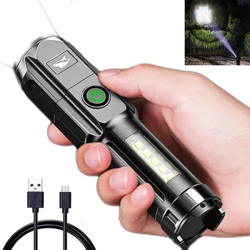 Портативный USB перезаряжаемый светодиодный фонарик, мощная вспышка, зум-фонарик с 3 режимами освещения, встроенный аккумулятор, походный фонарь