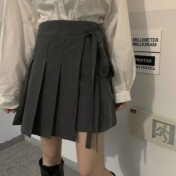 Женская плиссированная юбка HOUZHOU, Элегантные мини-юбки трапециевидной формы на шнуровке с высокой талией, Сексуальные Летние офисные женские туфли в опрятном корейском стиле