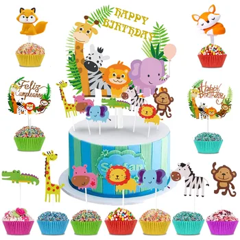 Джунгли животных зоопарка украшения торта кекс Топпер с Днем Рождения, сафари по джунглям торт toppers для детей день рождения тематическая вечеринка в джунглях 