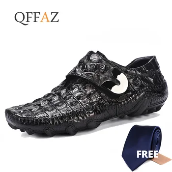 QFFAZ Знаменитая Роскошная обувь для вождения, мужская обувь, Лоферы из натуральной кожи, Повседневная обувь с застежкой из коровьей кожи и крокодиловой кожи