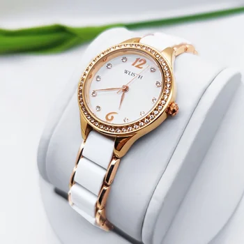 Модные женские студенческие кварцевые часы с керамическим ремешком, инкрустированным бриллиантами